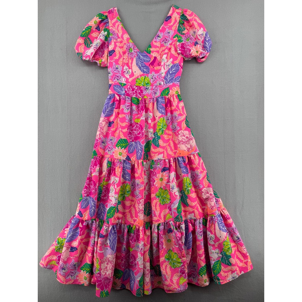 Lilly Pulitzer Pink Floral Puff Sleeve Tiered Midi Dress 011265 Size 4